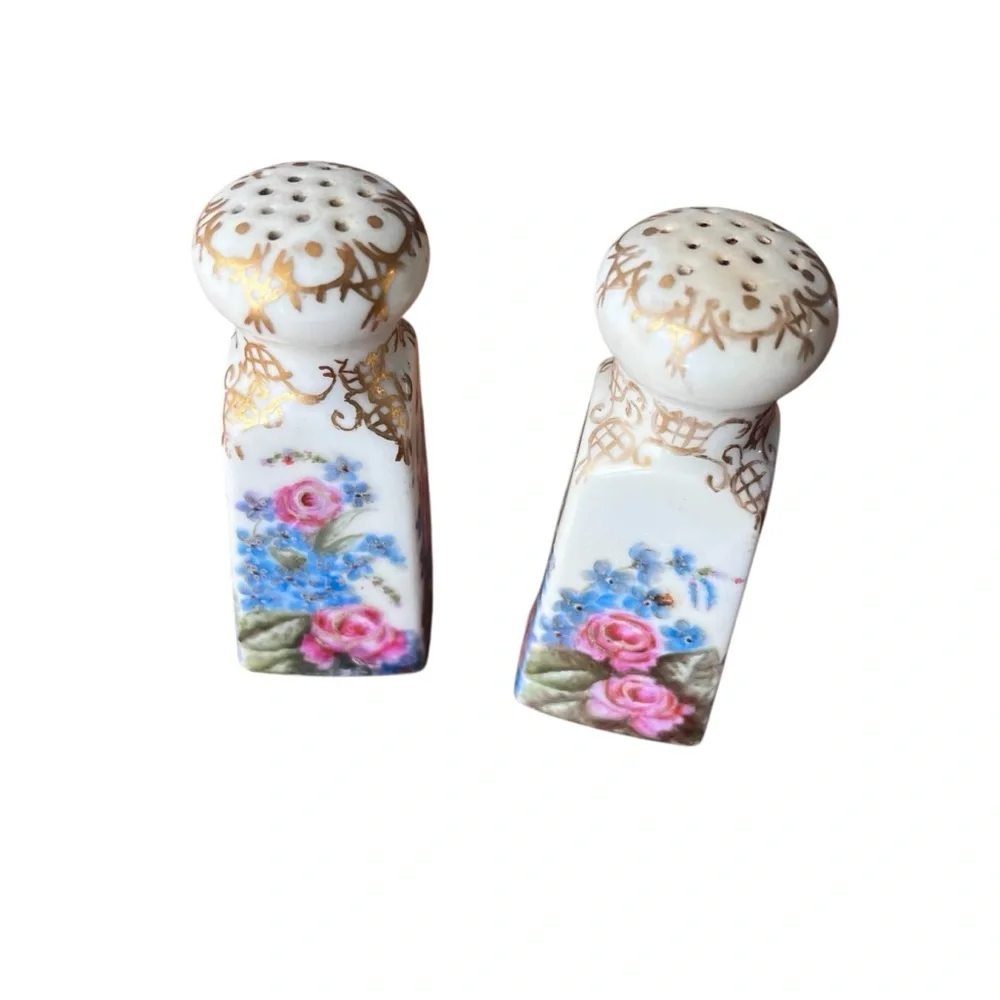 Antique Hand Painted Floral Gold Salt And Pepper Shakers